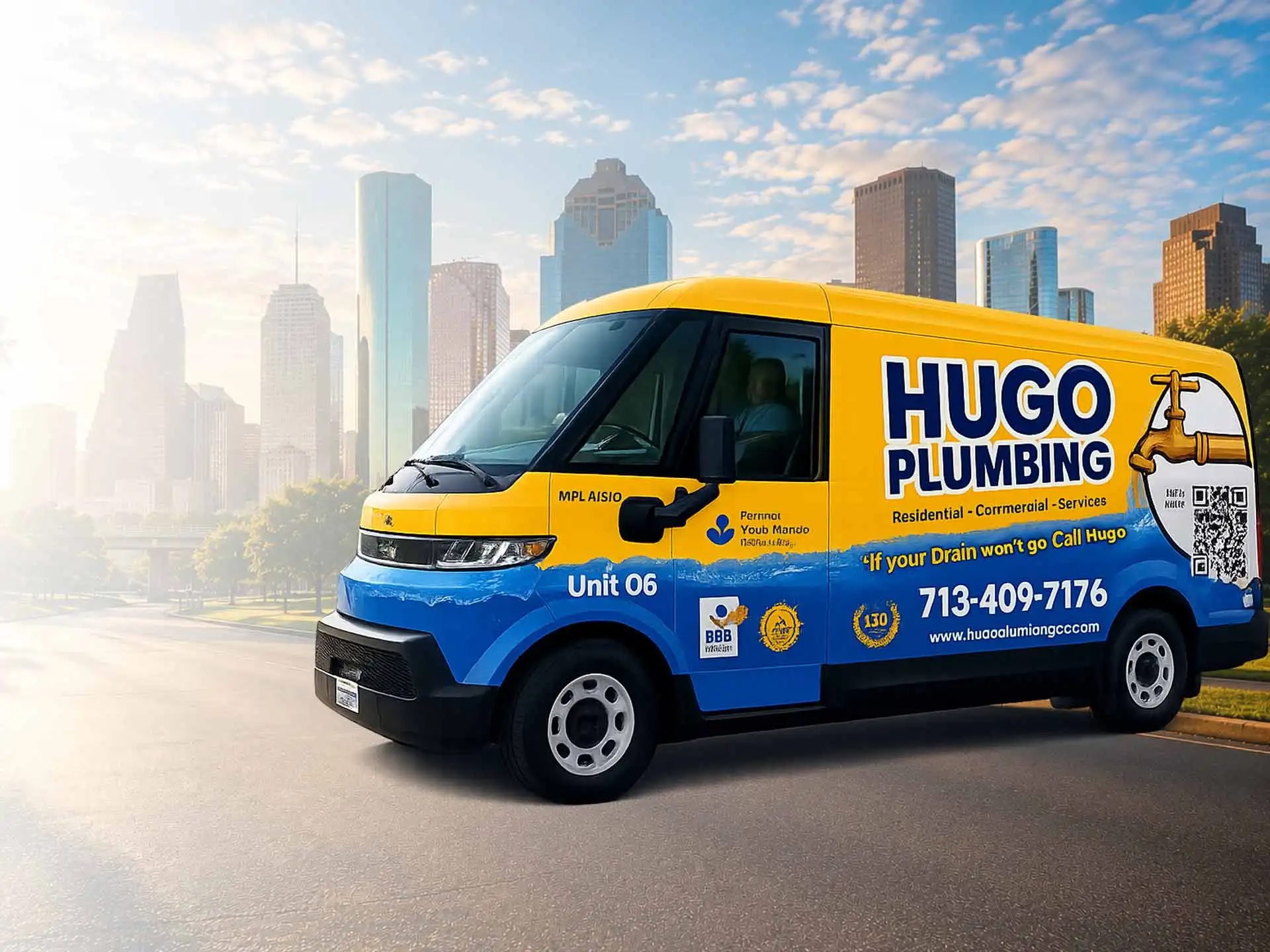 Hugo Plumbing branded service van serving Houston, TX