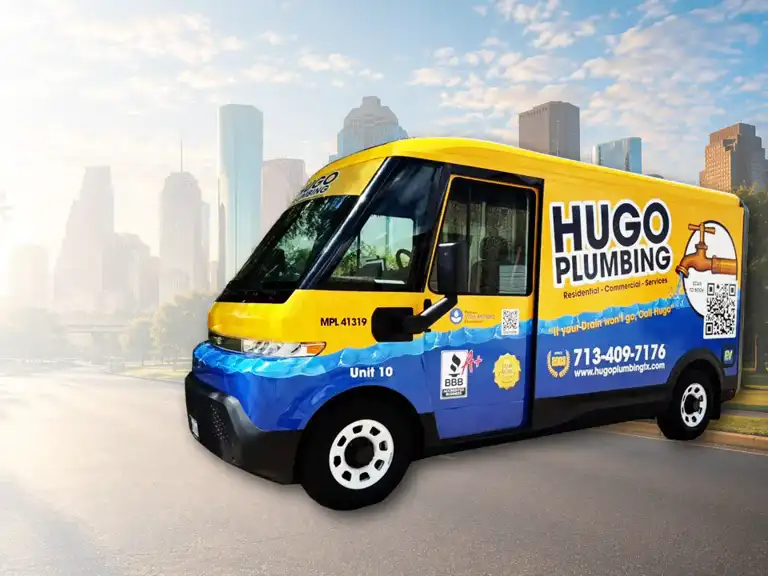 Hugo Plumbing service van serving Houston, TX