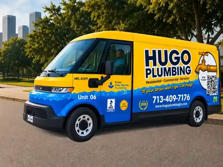 Hugo Plumbing service van serving Houston, TX
