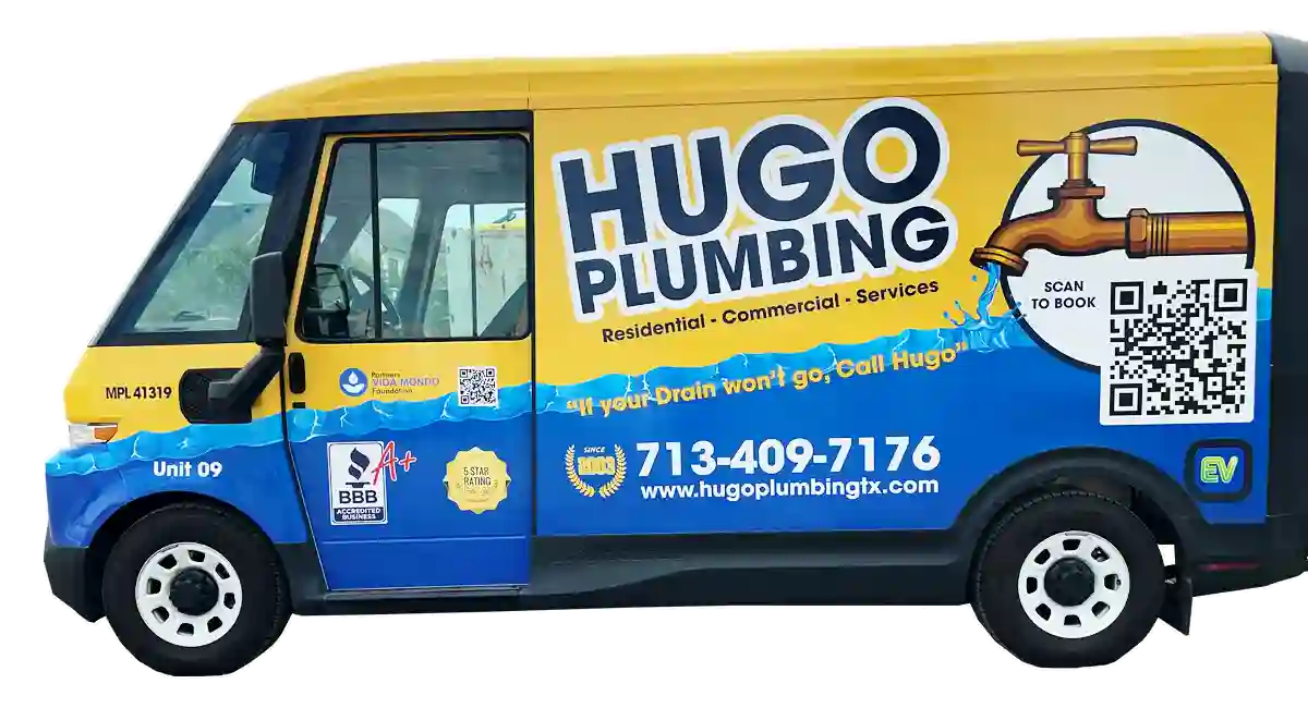 Hugo Plumbing service van serving Houston, TX